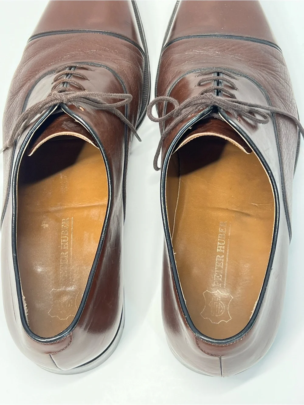 PETER HUBER Brown Leather Cap Toe Oxford Dress Shoes 12 Narrow Classic Lace